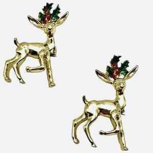 Vintage Gerry's Gold-Tone Reindeer 2 pc Christmas Brooch Pin
